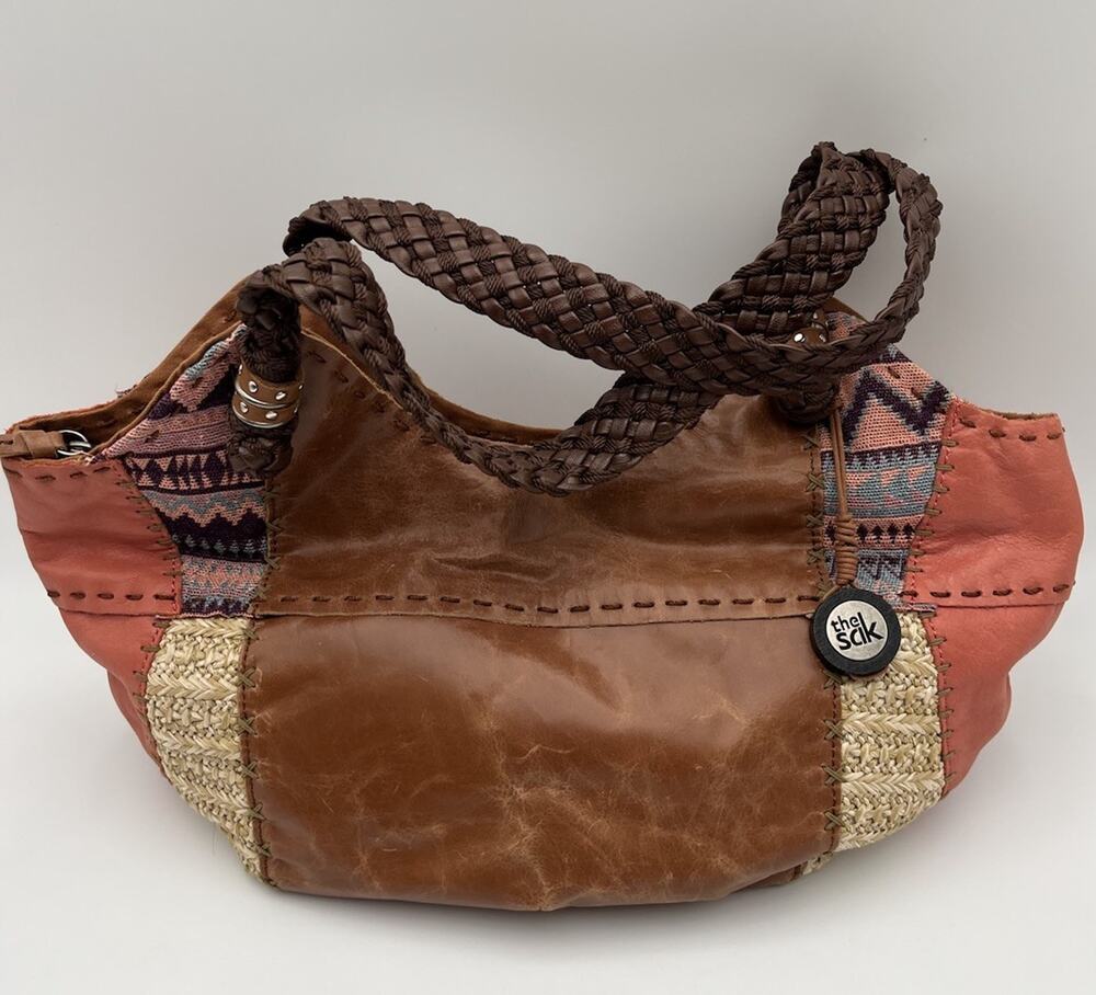 EXCELLENT The Sak Leather Patchwork Shoulder Bag Boho Woven Braided Hobo Purse